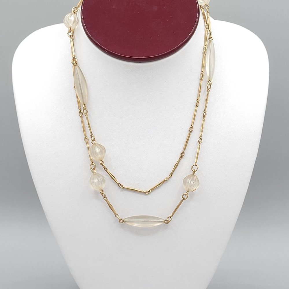 Sarah Coventry Gold Tone Link Necklace Clear Faceted Beads Spring Ring Vintage